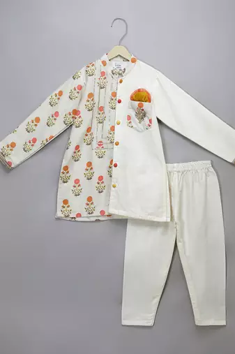 Off white floral printed cotton silk father son kurta combo set