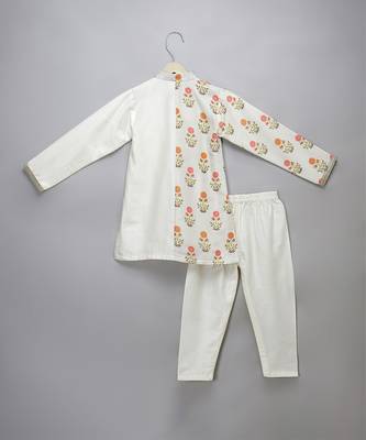 Off white floral printed cotton silk father son kurta combo set 4