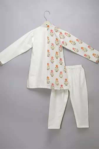 Off white floral printed cotton silk father son kurta combo set