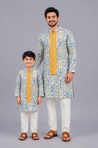 Powder blue printed cotton silk father son kurta combo set