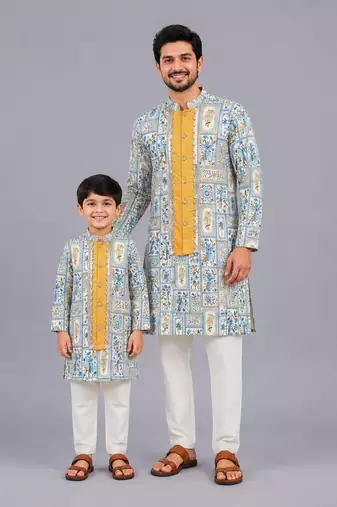 Powder blue printed cotton silk father son kurta combo set