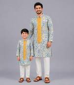 Powder blue printed cotton silk father son kurta combo set