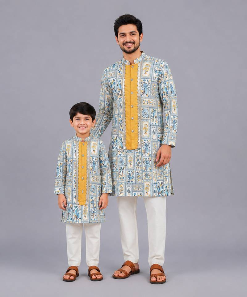 Powder blue printed cotton silk father son kurta combo set
