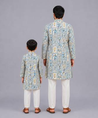 Powder blue printed cotton silk father son kurta combo set 2