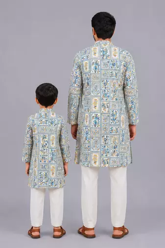 Powder blue printed cotton silk father son kurta combo set