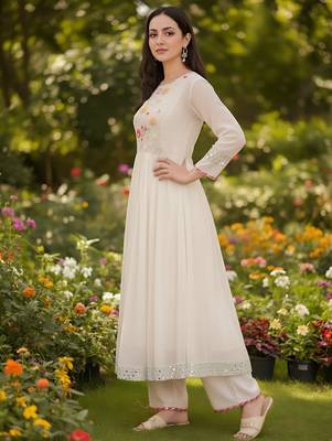 Embroidered Georgette Flared Kurta Pant and Dupatta Set 3