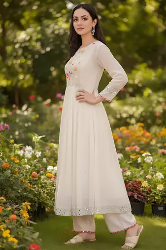 Embroidered Georgette Flared Kurta Pant and Dupatta Set