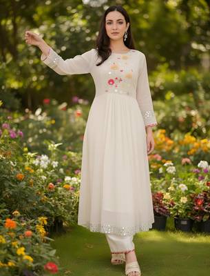 Embroidered Georgette Flared Kurta Pant and Dupatta Set 5