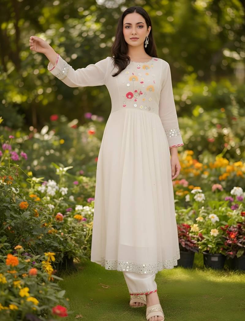 Embroidered Georgette Flared Kurta Pant and Dupatta Set