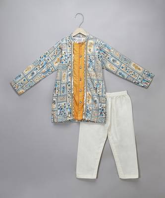 Powder blue printed cotton silk father son kurta combo set 3