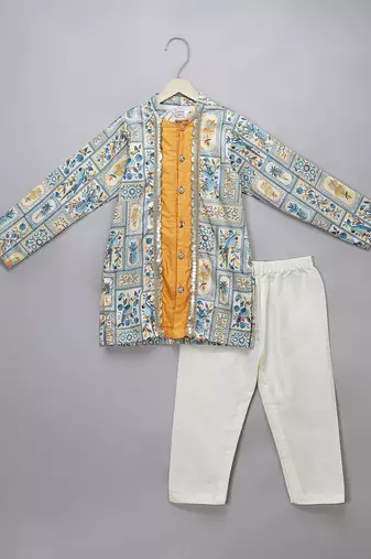 Powder blue printed cotton silk father son kurta combo set