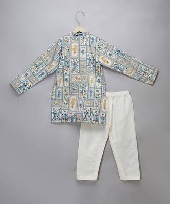 Powder blue printed cotton silk father son kurta combo set 4