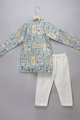 Powder blue printed cotton silk father son kurta combo set
