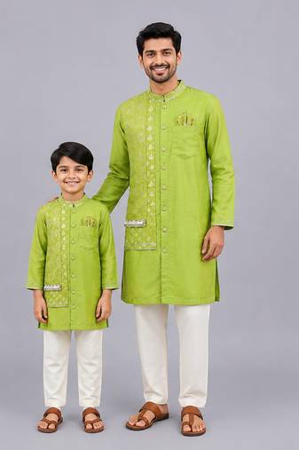 Lime green woven cotton silk father son kurta combo set
