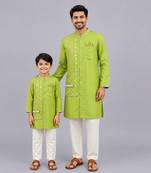 Lime green woven cotton silk father son kurta combo set