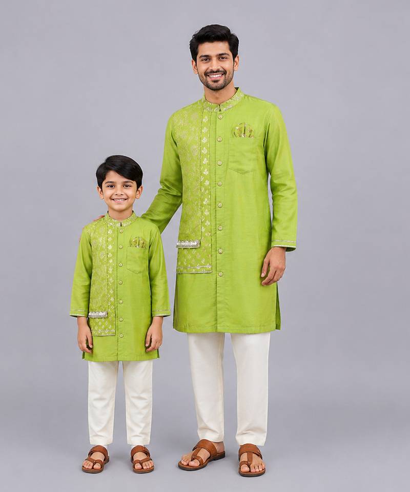 Lime green woven cotton silk father son kurta combo set