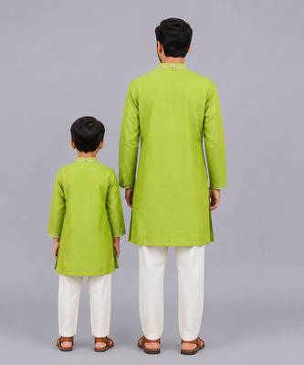 Lime green woven cotton silk father son kurta combo set 2