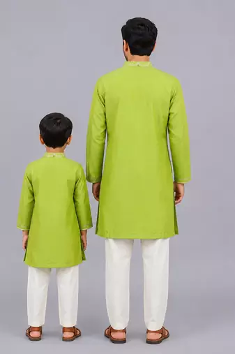 Lime green woven cotton silk father son kurta combo set