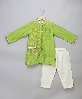 Lime green woven cotton silk father son kurta combo set 3