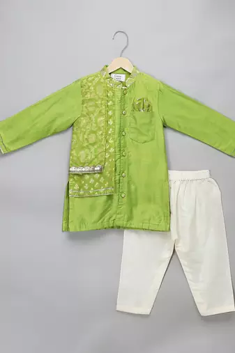 Lime green woven cotton silk father son kurta combo set