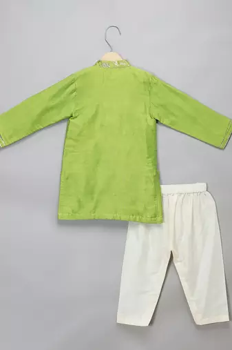 Lime green woven cotton silk father son kurta combo set