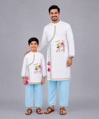 White printed cotton father son kurta combo set 1