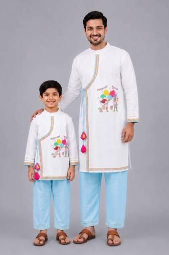 White printed cotton father son kurta combo set