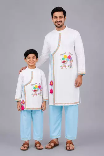 White printed cotton father son kurta combo set
