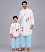 White printed cotton father son kurta combo set