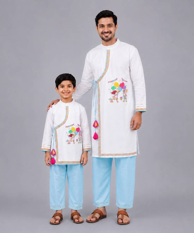 White printed cotton father son kurta combo set