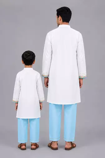 White printed cotton father son kurta combo set