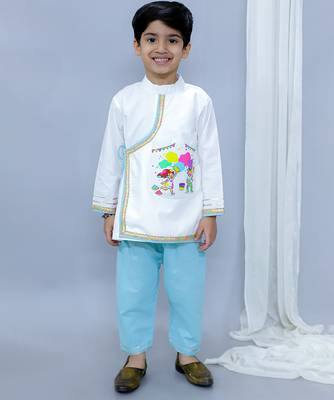 White printed cotton father son kurta combo set 3