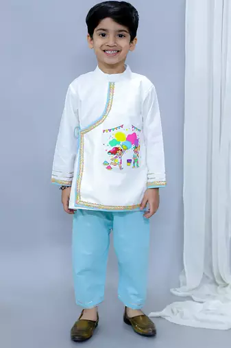 White printed cotton father son kurta combo set