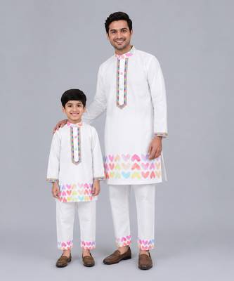 White heart printed cotton father son kurta combo set 1