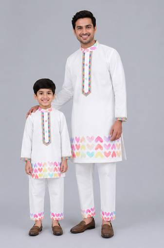 White heart printed cotton father son kurta combo set
