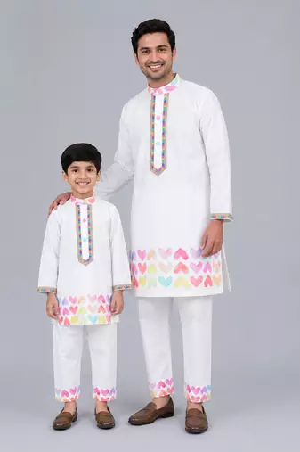 White heart printed cotton father son kurta combo set