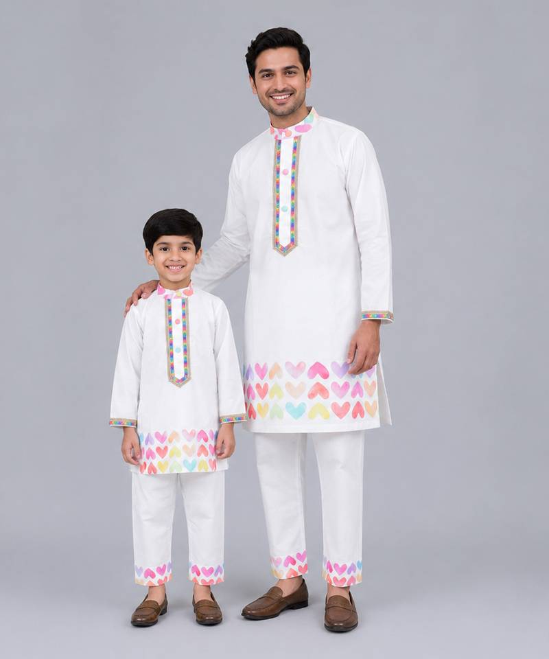 White heart printed cotton father son kurta combo set