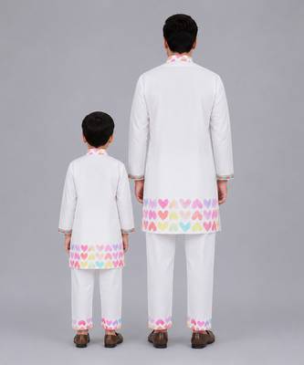 White heart printed cotton father son kurta combo set 2