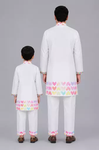 White heart printed cotton father son kurta combo set