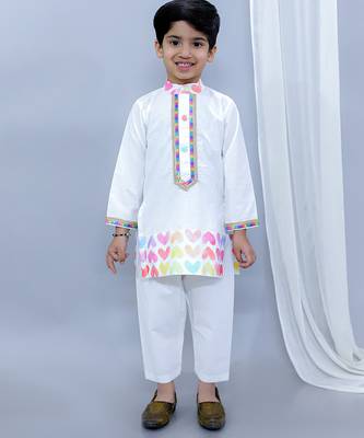 White heart printed cotton father son kurta combo set 3