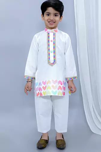 White heart printed cotton father son kurta combo set