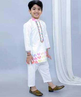White heart printed cotton father son kurta combo set 4