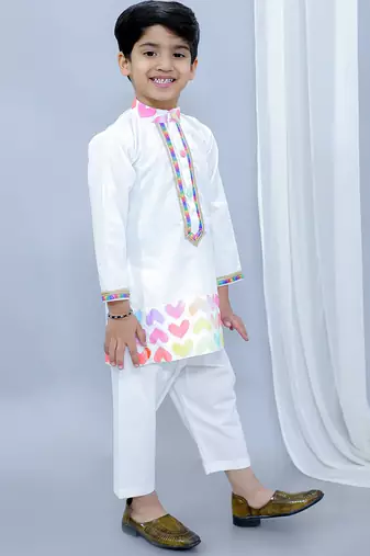 White heart printed cotton father son kurta combo set