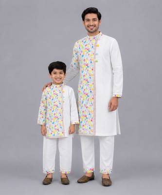 White multicolor printed cotton father son kurta combo set 1