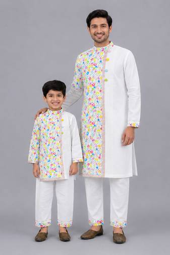 White multicolor printed cotton father son kurta combo set
