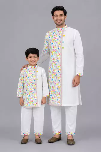 White multicolor printed cotton father son kurta combo set