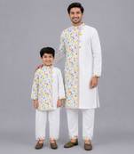 White multicolor printed cotton father son kurta combo set