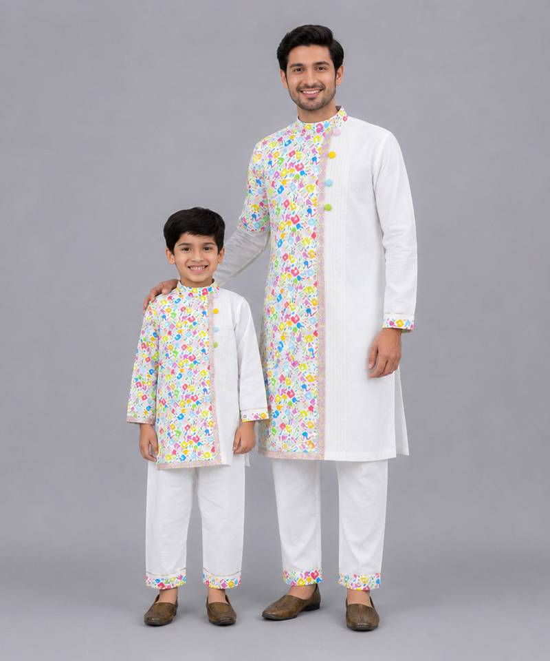 White multicolor printed cotton father son kurta combo set
