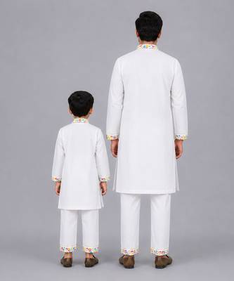 White multicolor printed cotton father son kurta combo set 2
