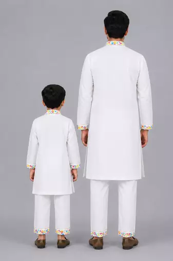 White multicolor printed cotton father son kurta combo set
